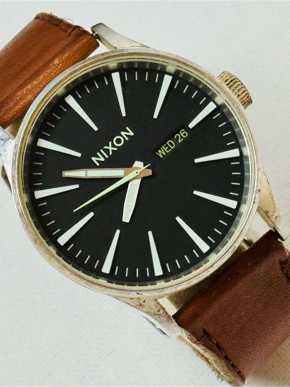 Nixon The Sentry 42mm Men's Day/Date Watch Silver Brown Leather Black Dial